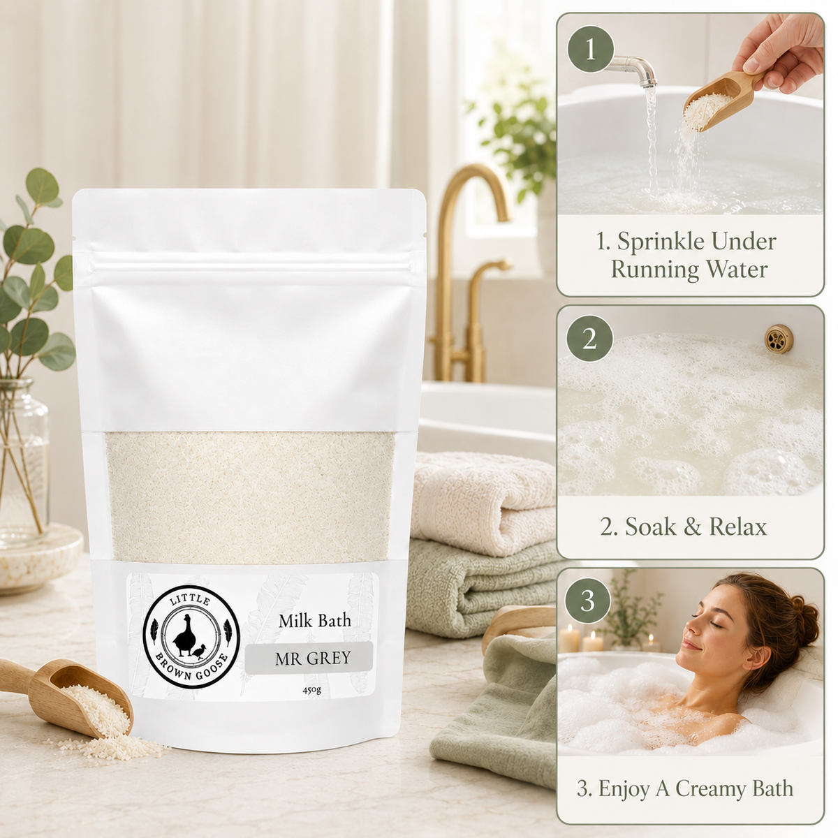 Creamy milk bath soak sprinkled under warm running bath water for an at-home self-care ritual