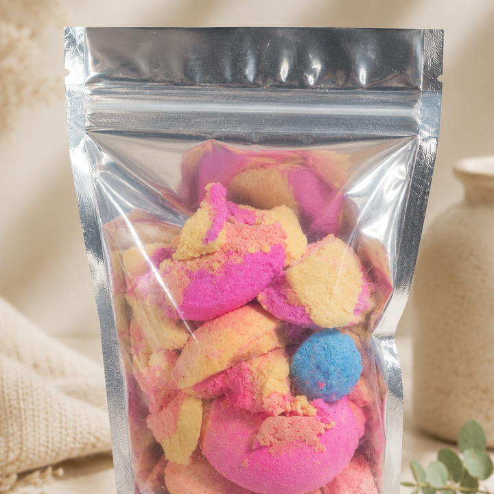 Colourful bath bomb pieces for fizzy bath fun