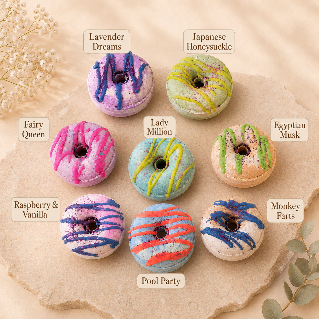 Japanese Honeysuckle and Fairy Queen doughnut bath bombs