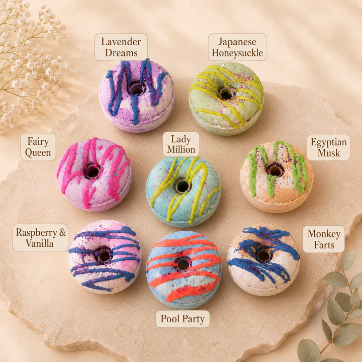 Japanese Honeysuckle and Fairy Queen doughnut bath bombs