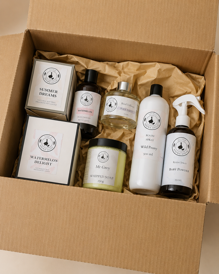 Close-up of Little Brown Goose discontinued home fragrance and shower box assortment