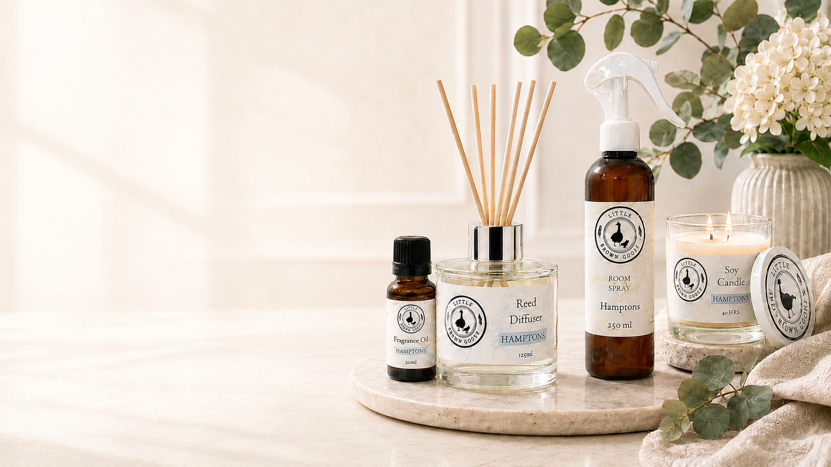 Little Brown Goose home fragrance collection with reed diffuser, room spray, fragrance oil and soy candle