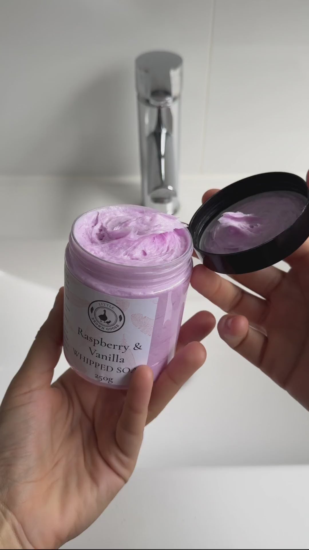 Whipped Soap demonstration: hand wash, bubble bath, shaving soap and body wash. Silent video with on-screen captions.